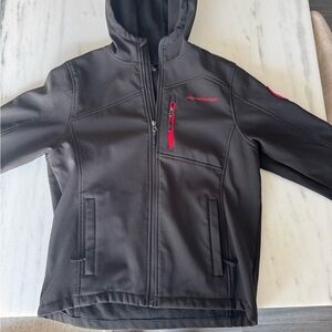 Men's Black Softshell Hooded Jacket with Red Accents